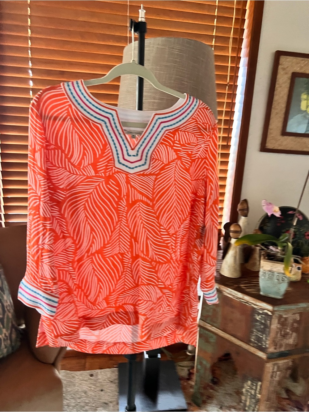 John Mark Coral & White Printed Embroidered V-Neck Tunic